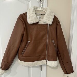 Vigoss Women's Brown Leather Jacket with Shearling Trim